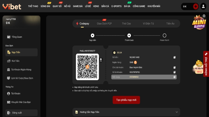 Hướng dẫn nạp tiền Vibet bằng codepay